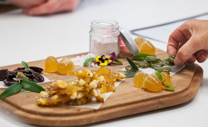 The winning confectionery creation, featuring medicinal lozenges flavoured with lemon myrtle, a bunye and boppal brittle, a quandong and burdekin plum sherbet, desert lime jubes and sour lollies from Davidson plums.